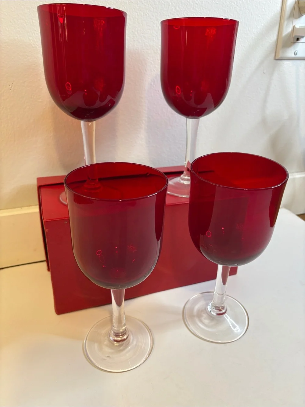 Crate & Barrel Ruby Red Stem Wine Glasses Set of 4